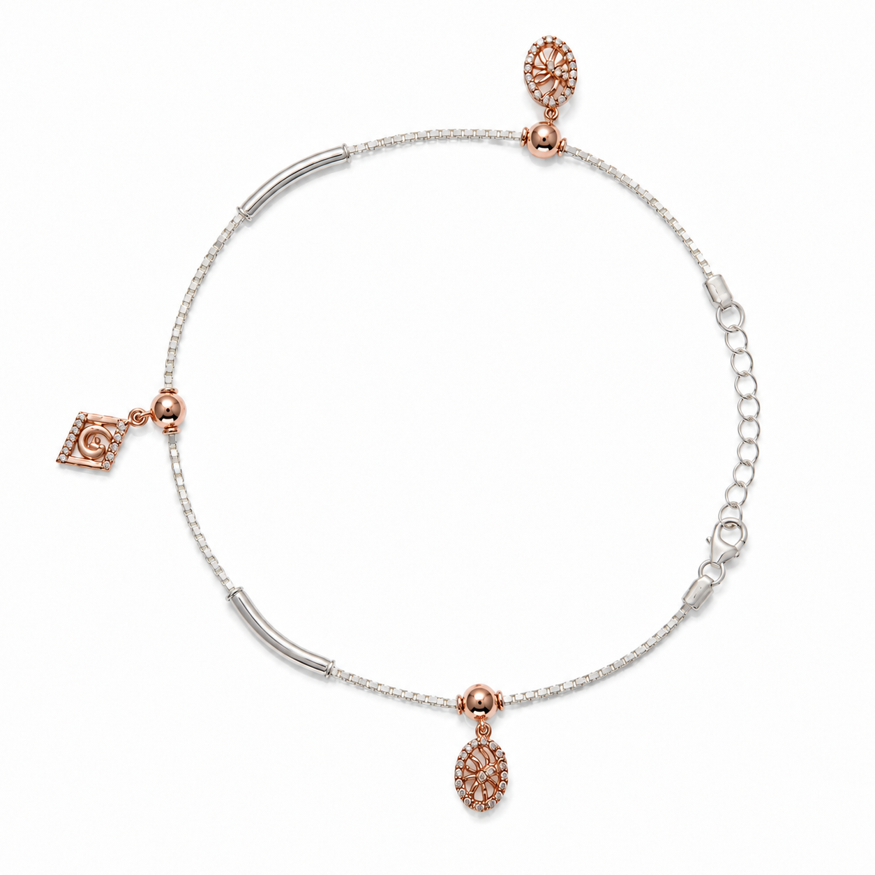 Silvme 925 sterling silver rose-gold CZ charm anklet with a rose-gold square CZ and an oval CZ drop, white background full view