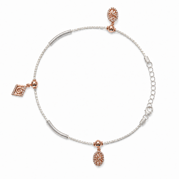 Silvme 925 sterling silver rose-gold CZ charm anklet with a rose-gold square CZ and an oval CZ drop, white background full view