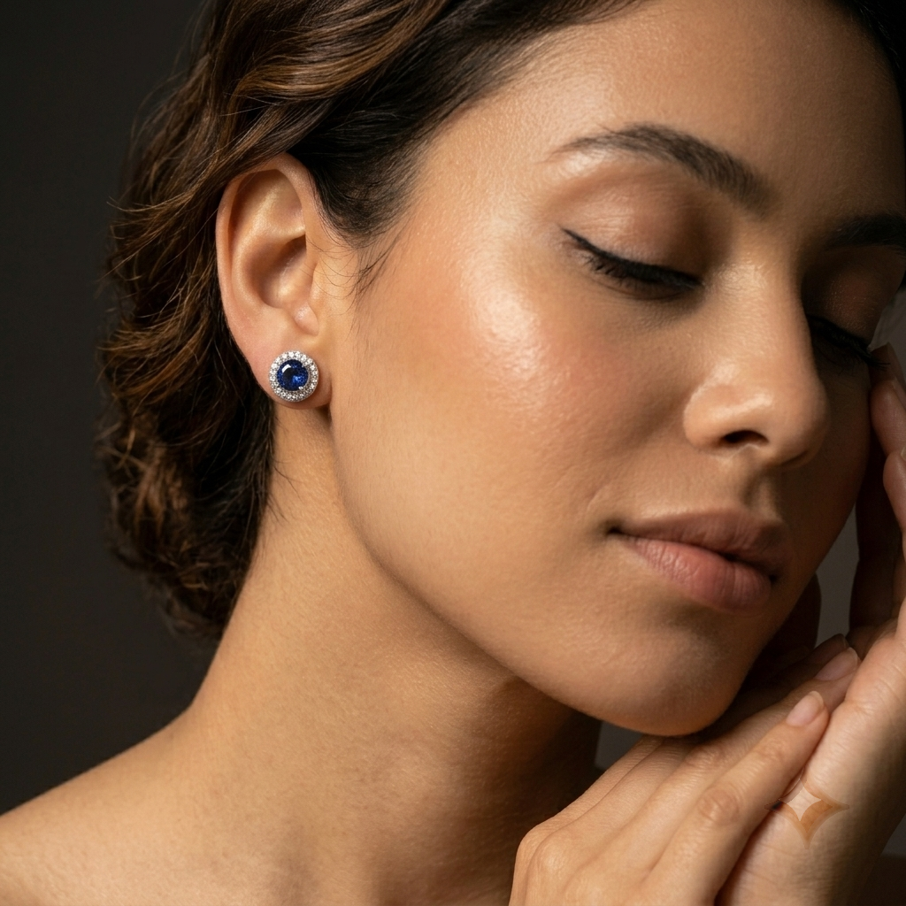 Blue Round Halo Stud Earrings, additional product view 4