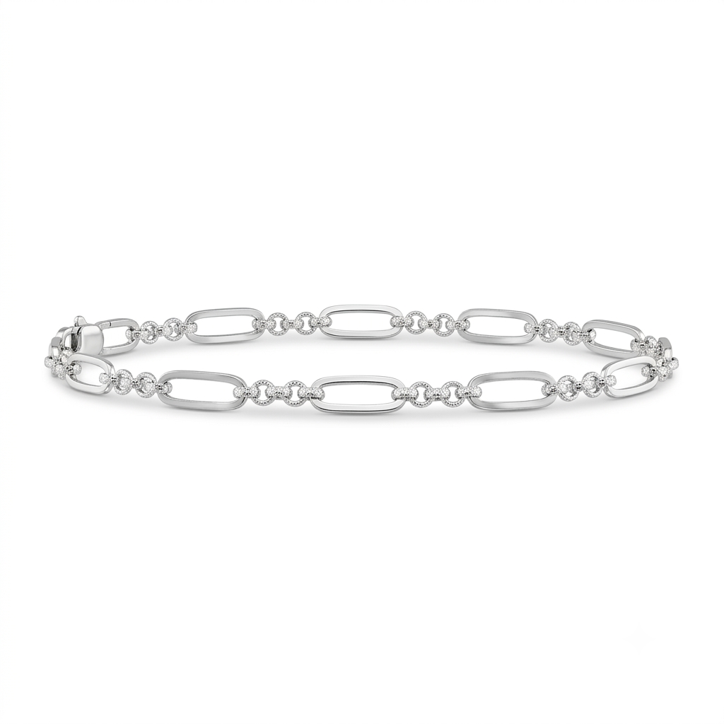 Silvme 925 sterling silver oval and bead link bracelet for men laid flat on a white background