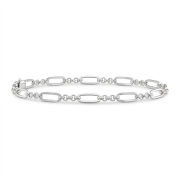 Silvme 925 sterling silver oval and bead link bracelet for men laid flat on a white background