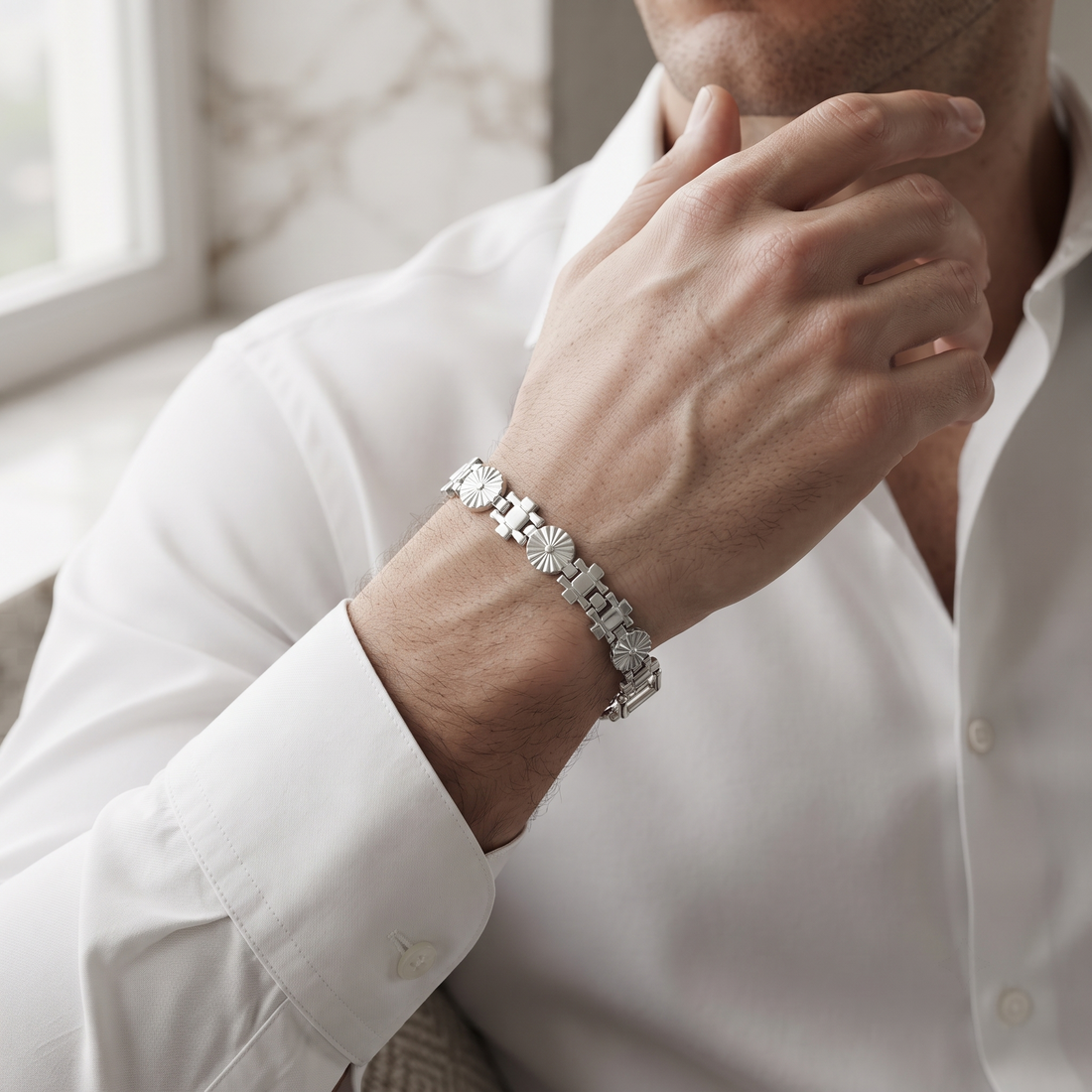 Silvme 925 sterling silver floral medallion link bracelet for men laid flat on a white background
