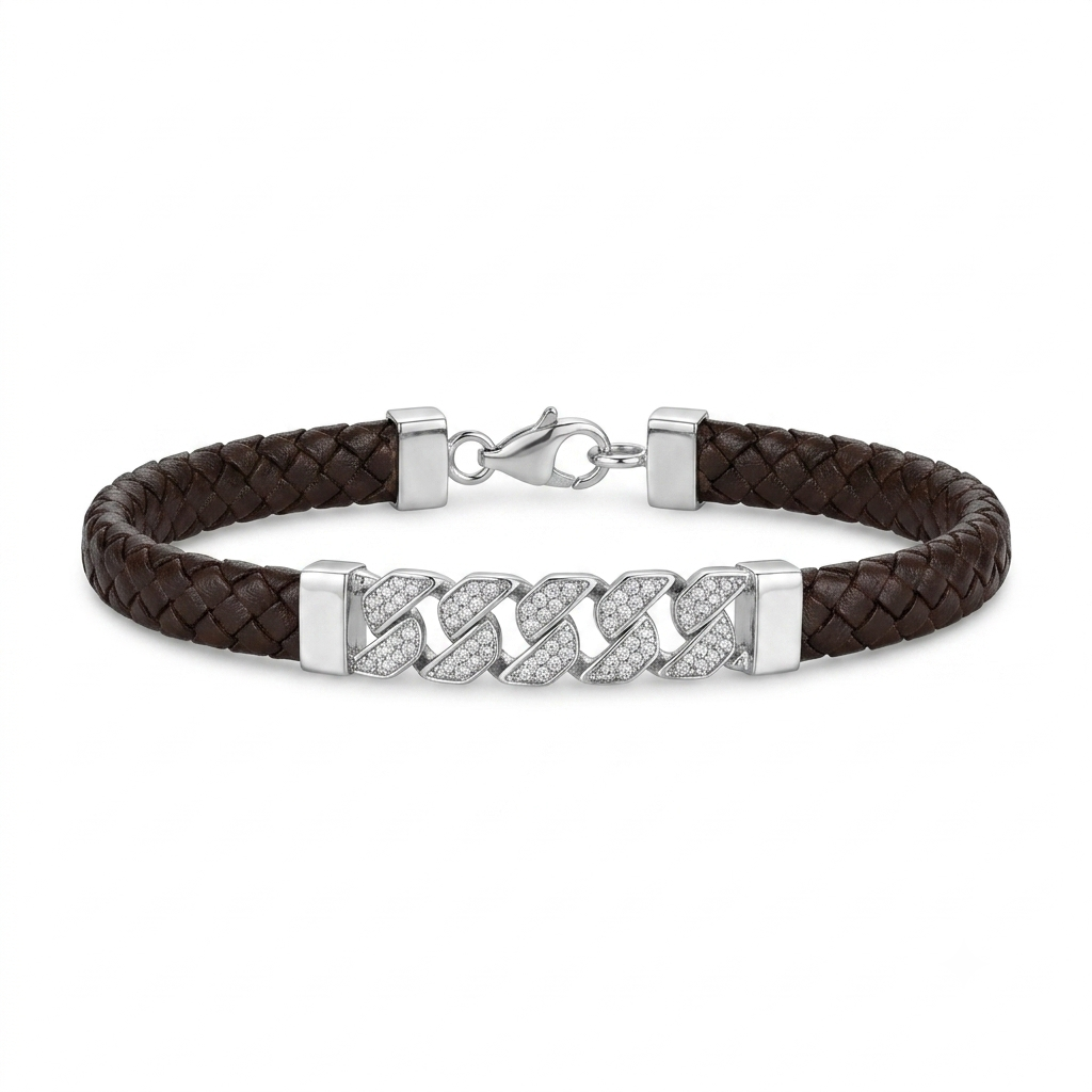Silvme braided cord bracelet with pave bar for men laid flat on a white background
