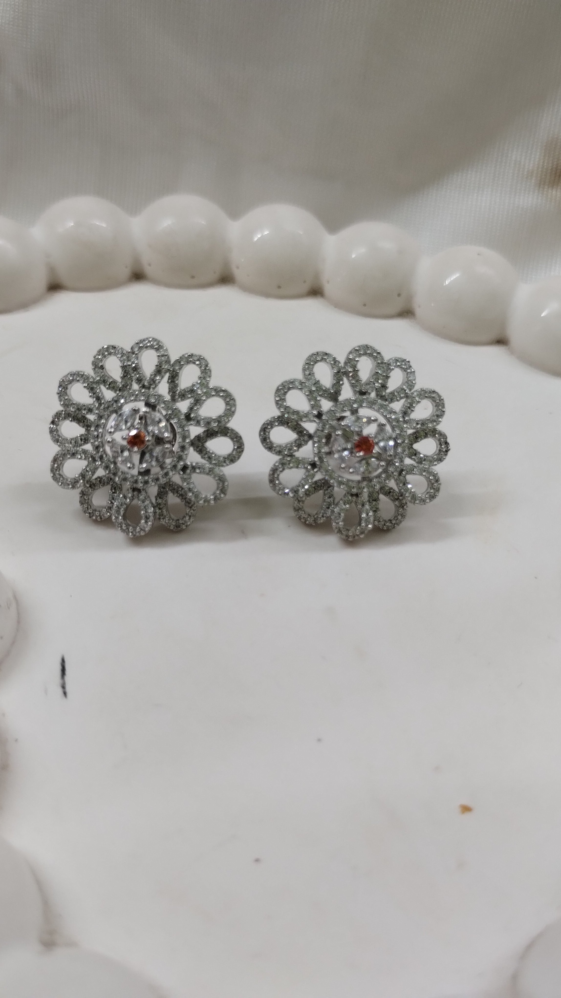 Silvme Pure 925 Sterling Silver Petal Lattice CZ Coral Accent Stud Earrings — View 2