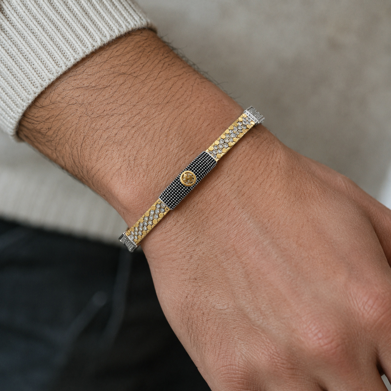 The black pave panel statement bracelet for men shown against a plain studio background