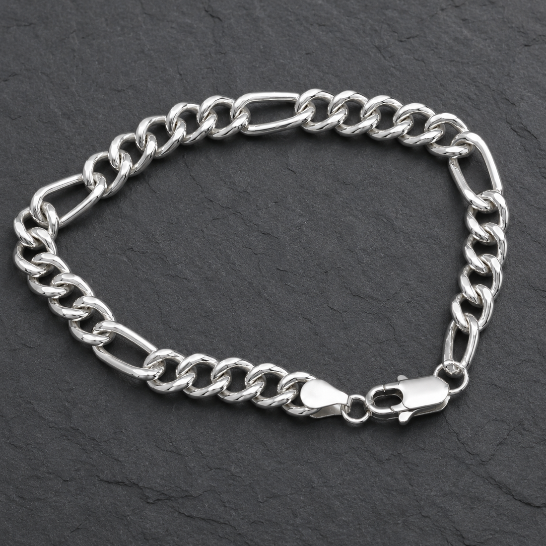Silvme 925 sterling silver polished figaro chain bracelet for men shaped into an oval on a white background