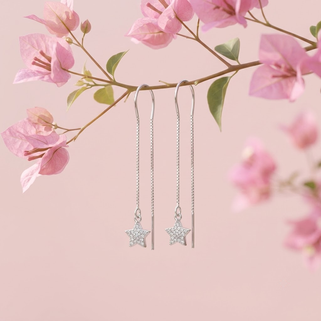 Stone-Set Pave Star Charm Threader Earrings, additional product view 3