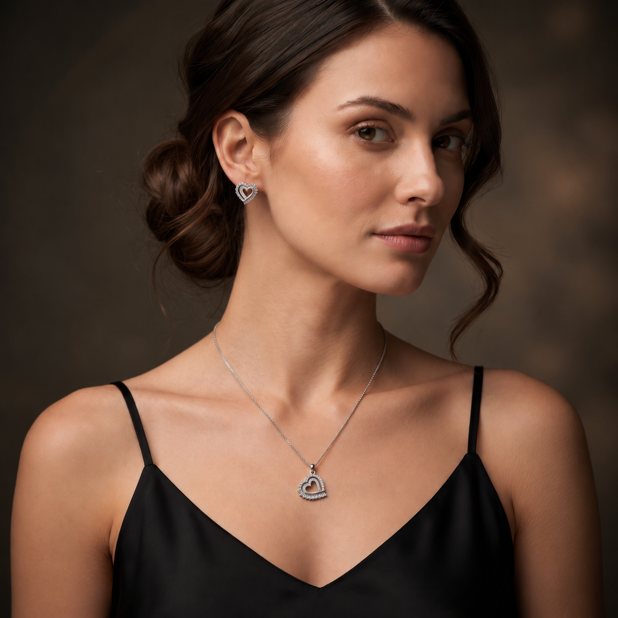 Silvme 925 silver baguette heart pendant and stud earrings with cubic zirconia, gift styling view