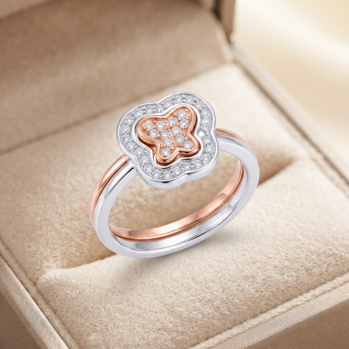 Silvme Cushion Halo with cubic zirconia 925 sterling silver halo ring for women, two-tone rose gold and silver, silver ring for girls, new design silver ring, front view