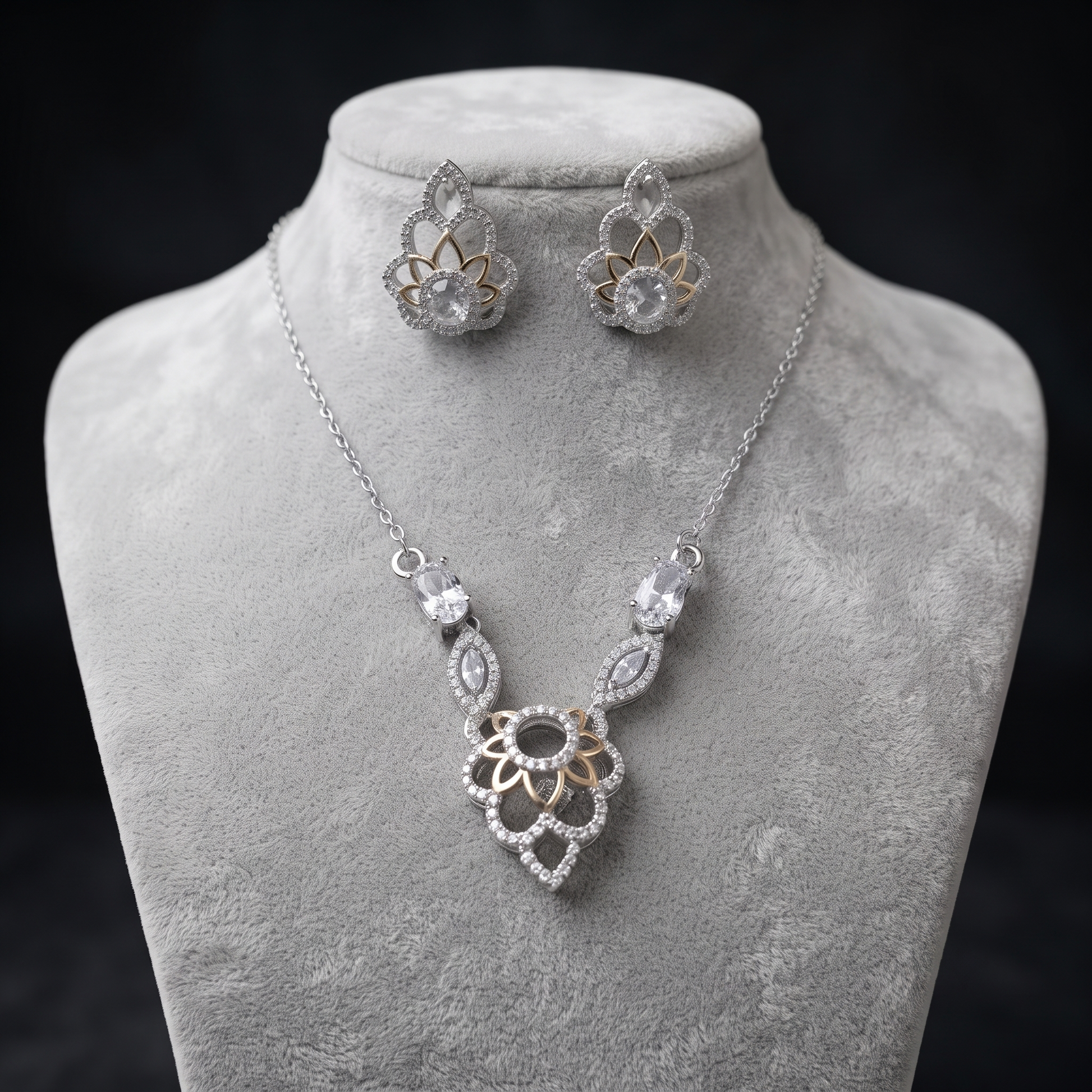 Silvme pure 925 sterling silver cubic zirconia pendant necklace and stud earrings set with cubic zirconia, detail sparkle close-up