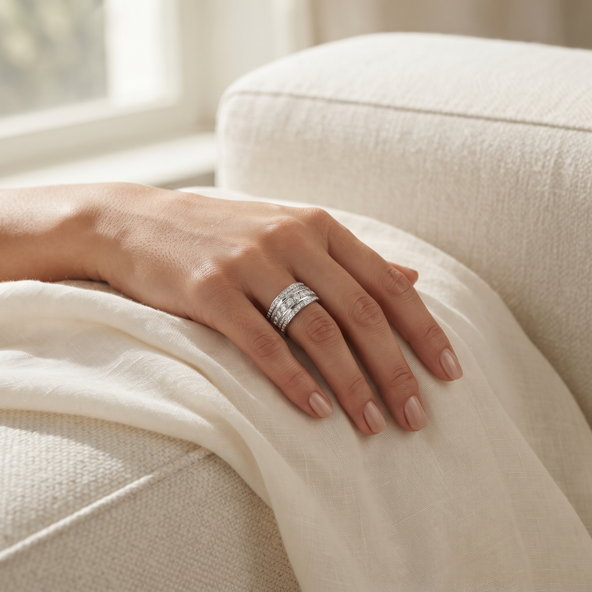 Sterling silver four row CZ pave band ring for women for engagement, sangeet and wedding-season wear