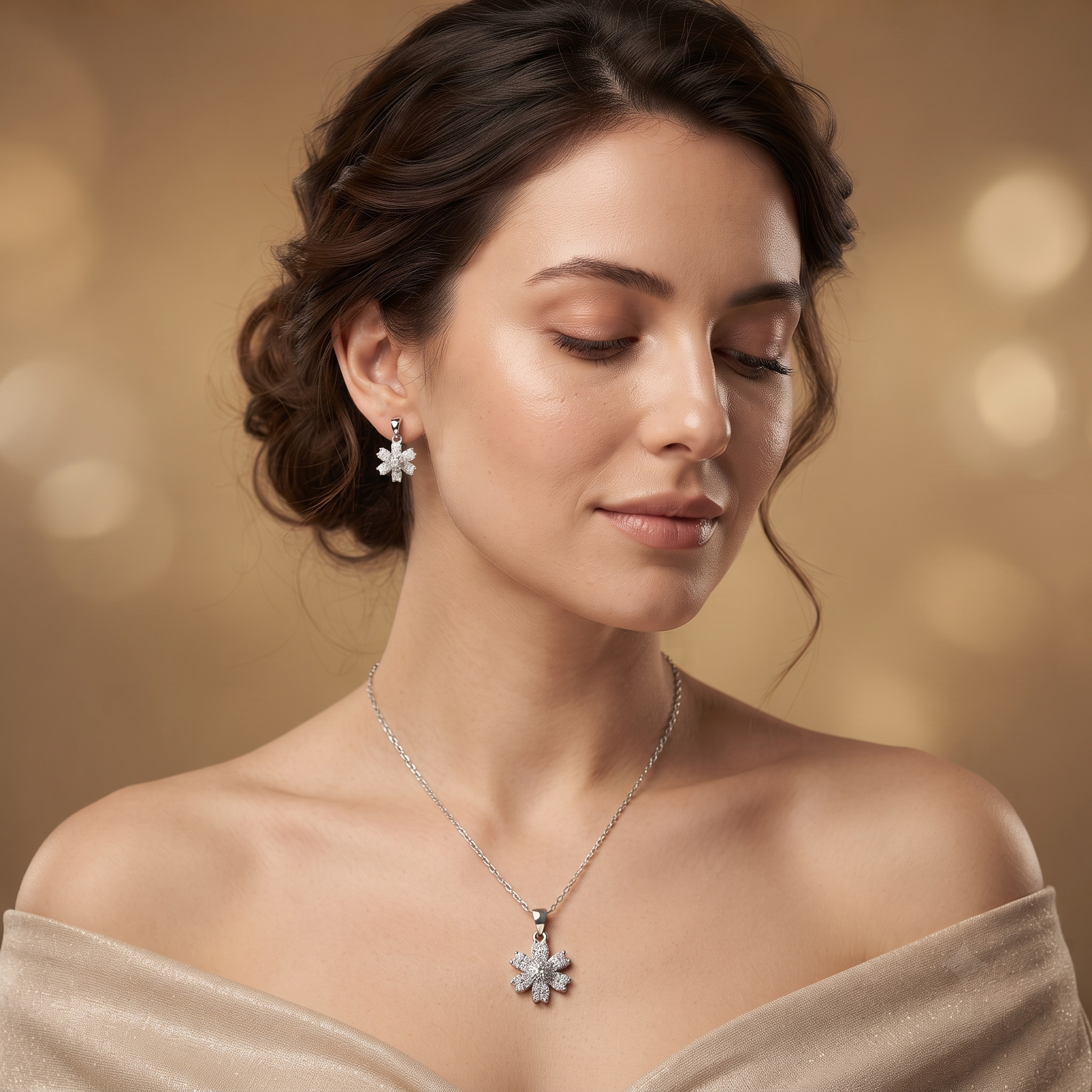 Silvme 925 silver blossom flower pendant and stud earrings with cubic zirconia, model styling view