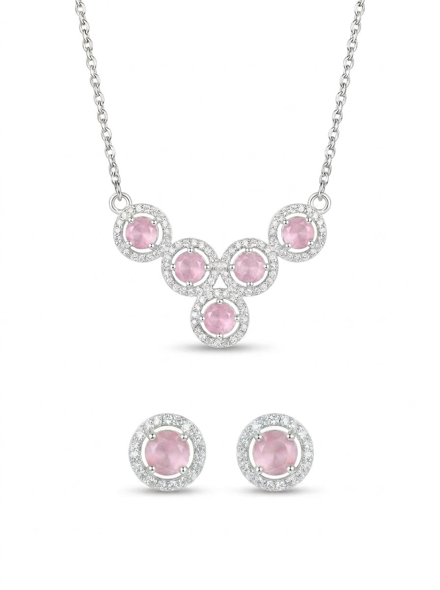 Pink Cluster 925 sterling silver pendant necklace and stud earrings jewellery set with pink cubic zirconia by Silvme â€” styled view