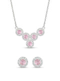 Pink Cluster 925 sterling silver pendant necklace and stud earrings jewellery set with pink cubic zirconia by Silvme â€” styled view