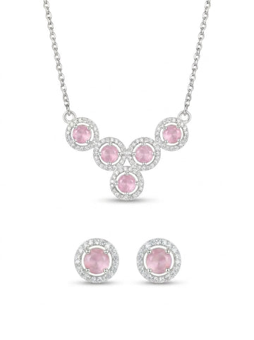 Pink Cluster 925 sterling silver pendant necklace and stud earrings jewellery set with pink cubic zirconia by Silvme â€” styled view