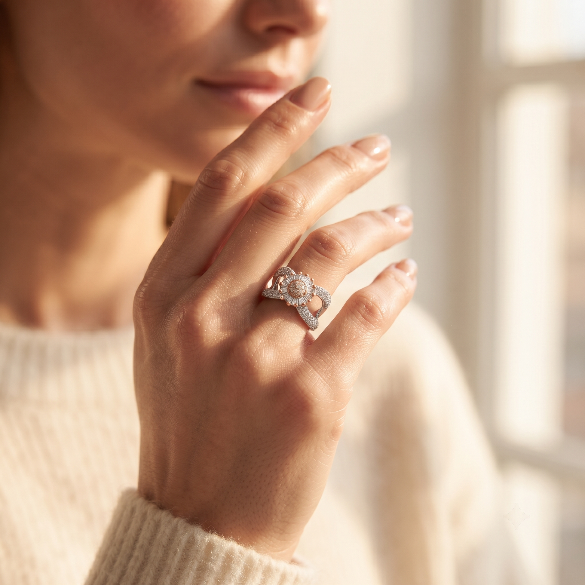 Sterling silver two-tone floral halo statement ring for women for bridal shower, engagement and wedding gifting