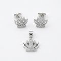 Silvme pure 925 sterling silver crown pendant and stud earrings set with cubic zirconia, front view on white background