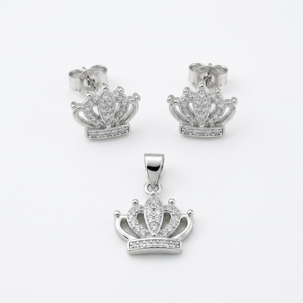 Silvme pure 925 sterling silver crown pendant and stud earrings set with cubic zirconia, front view on white background