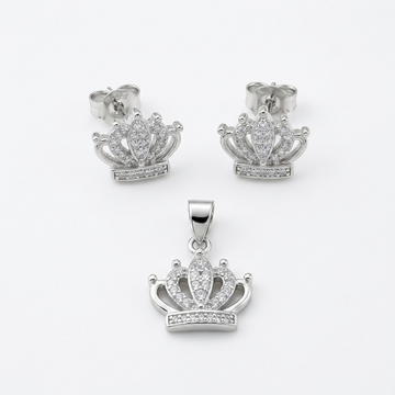 Silvme pure 925 sterling silver crown pendant and stud earrings set with cubic zirconia, front view on white background