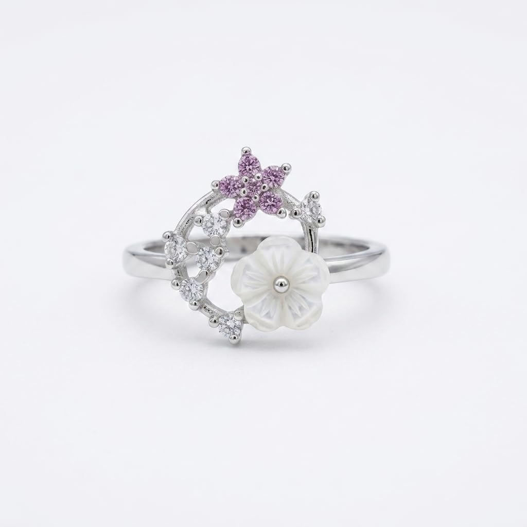 Silvme Butterfly Garden Wreath 925 sterling silver ring for women with a pearl-effect accent — front view on white background