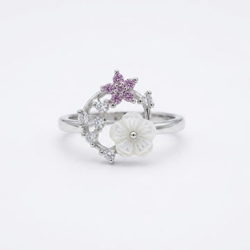 Silvme Butterfly Garden Wreath 925 sterling silver ring for women with a pearl-effect accent — front view on white background
