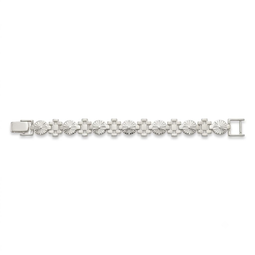 The floral medallion link bracelet for men shown against a plain studio background