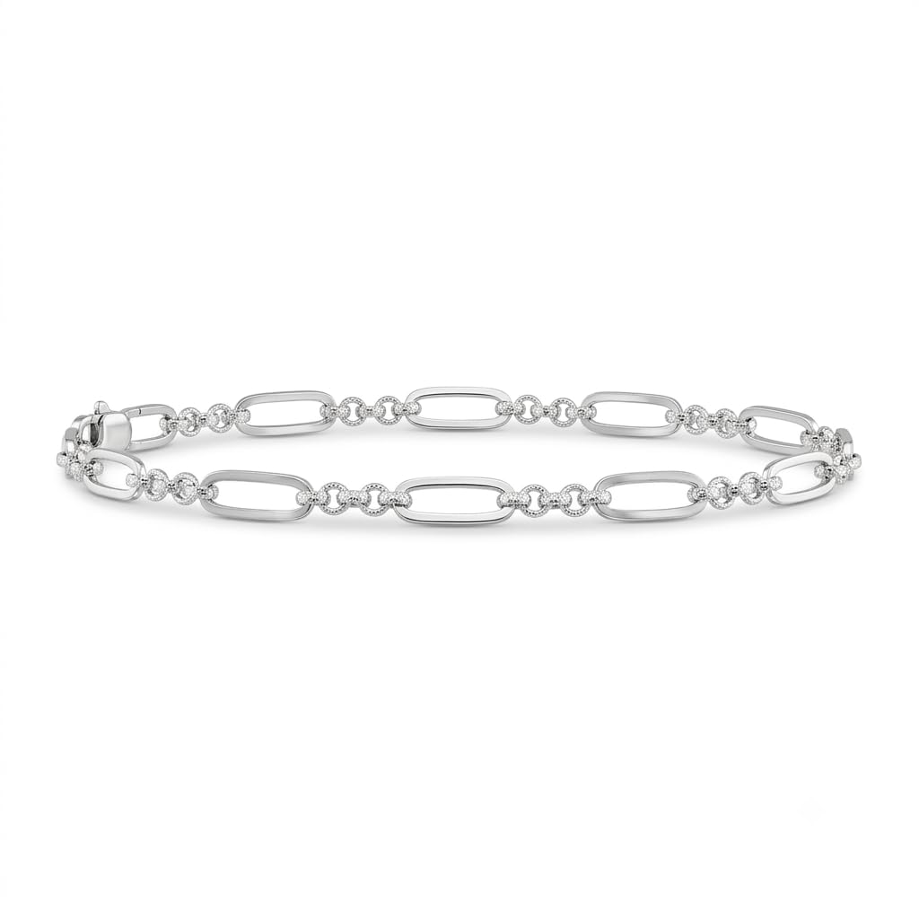 Silvme 925 sterling silver oval and bead link bracelet for men laid flat on a white background