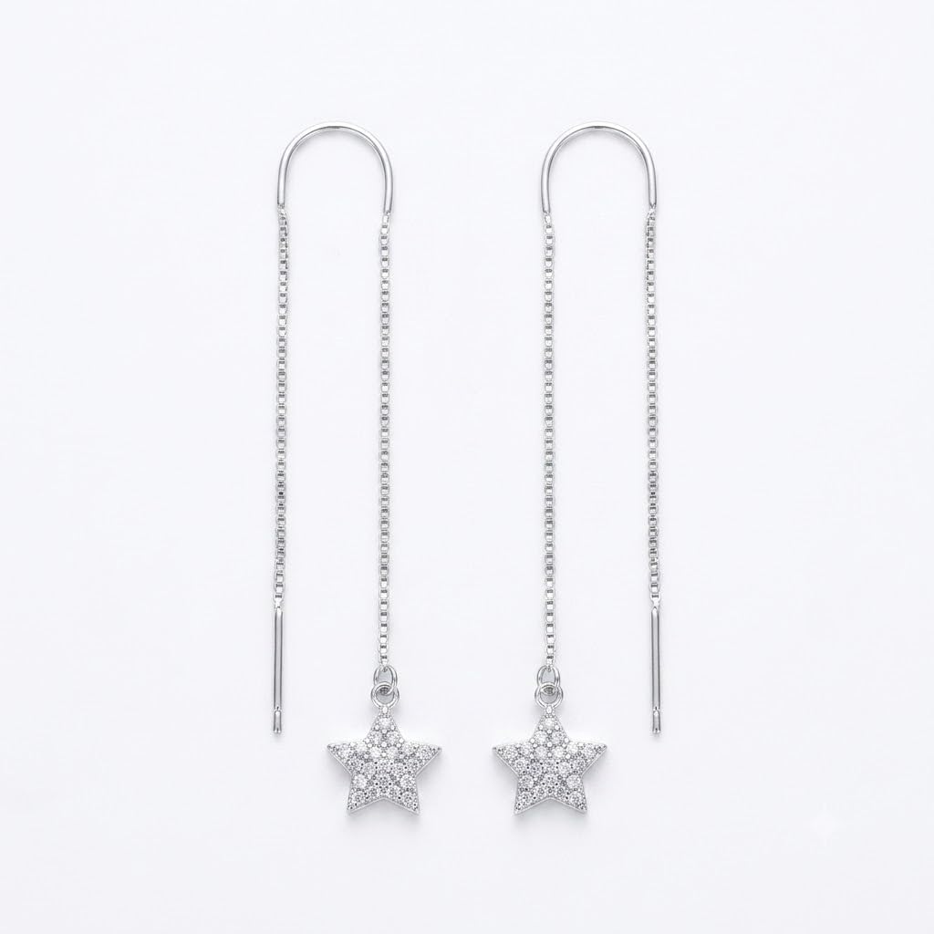 Stone-Set Pave Star Charm Threader Earrings, front product view