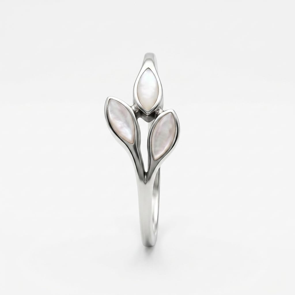 Silvme Pearlescent Three-Leaf 925 sterling silver ring for women with a pearl-effect accent — front view on white background