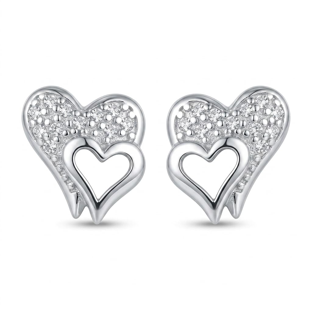Double Heart 925 silver stud earrings for women, anniversary gift, shown as a matching pair