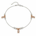 Silvme 925 sterling silver rose-gold CZ bell charm anklet with rose-gold fan CZ charms and a CZ pendant, white background full view
