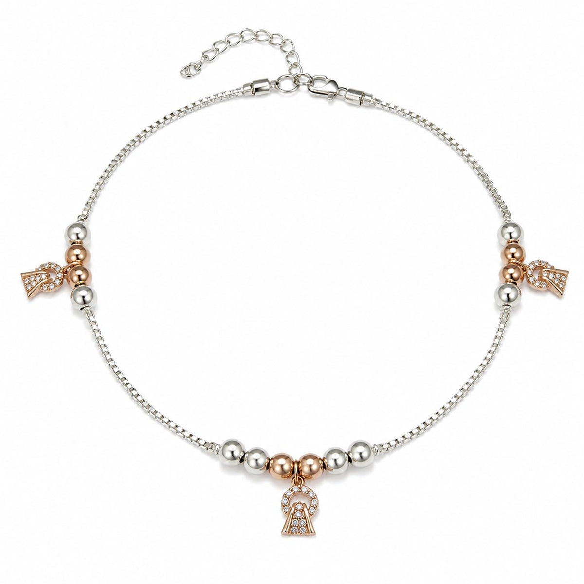 Silvme 925 sterling silver rose-gold CZ bell charm anklet with rose-gold fan CZ charms and a CZ pendant, white background full view