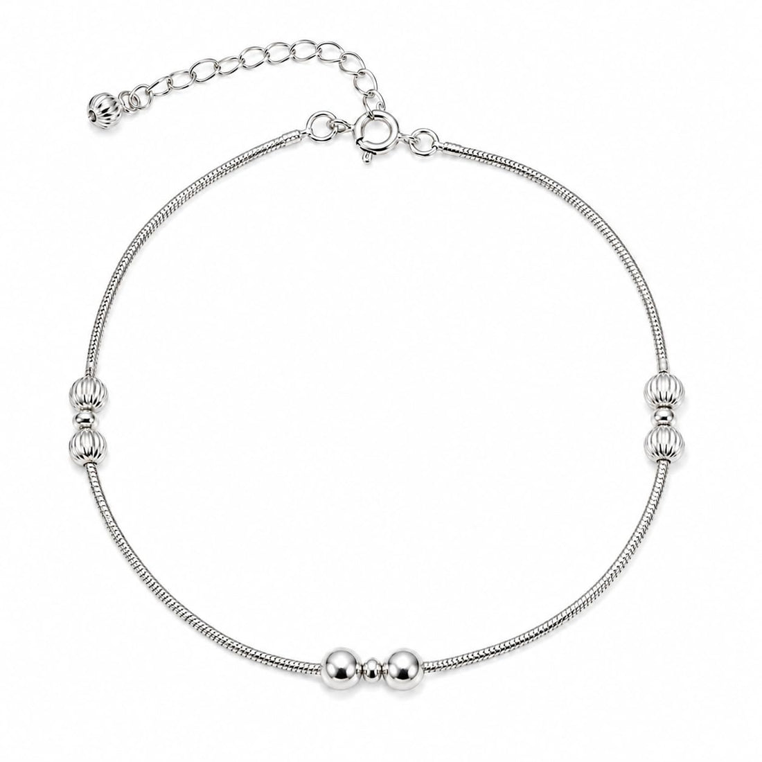 Silvme 925 sterling silver silver bead snake chain anklet with polished silver beads and a small fan charm, white background full view