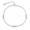 Silvme 925 sterling silver silver bead snake chain anklet with polished silver beads and a small fan charm, white background full view