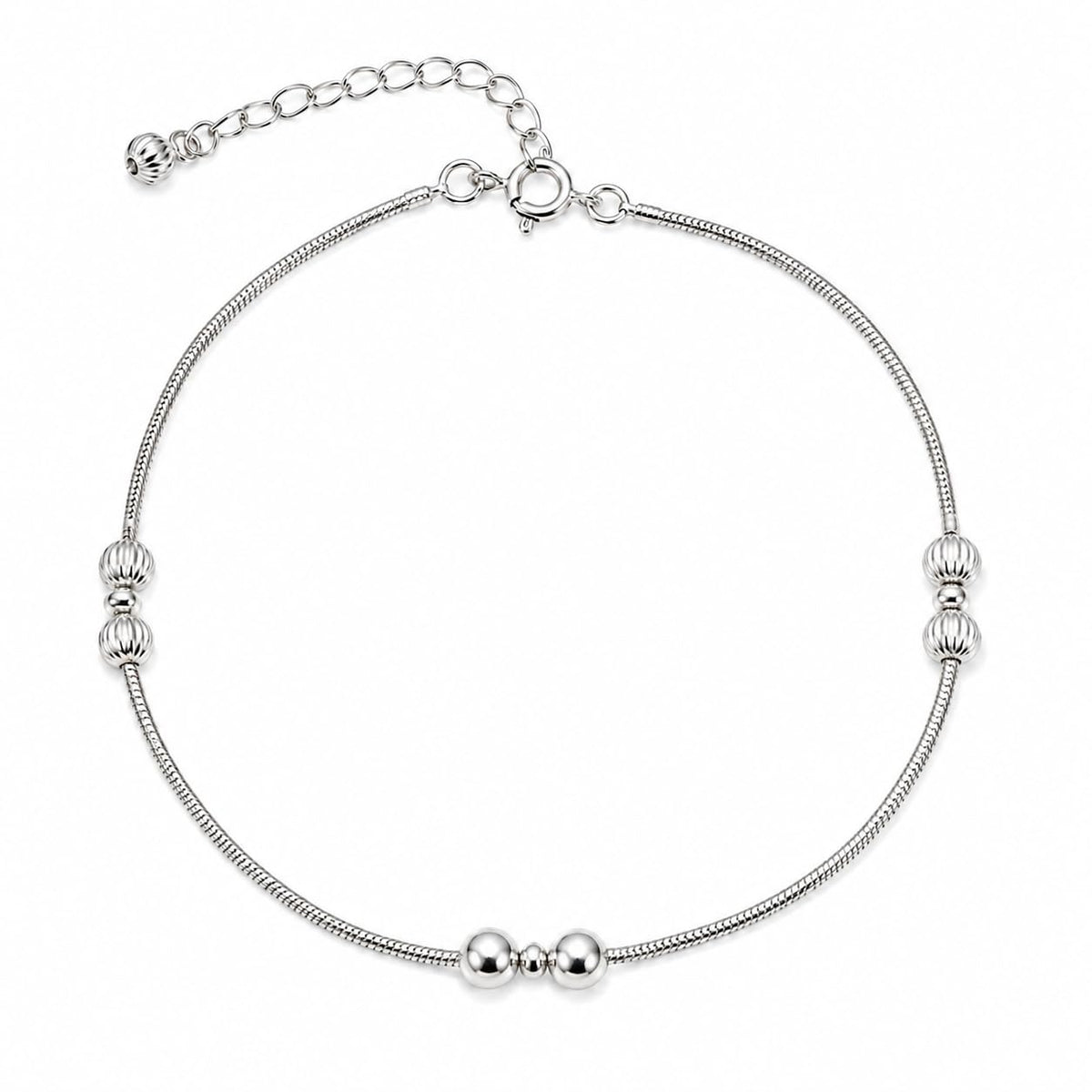 Silvme 925 sterling silver silver bead snake chain anklet with polished silver beads and a small fan charm, white background full view