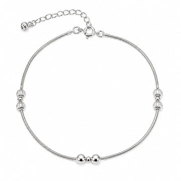 Silvme 925 sterling silver silver bead snake chain anklet with polished silver beads and a small fan charm, white background full view