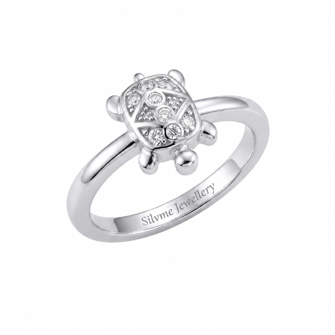 Silvme sparkling turtle 925 sterling silver ring for women with fully stone-set sparkling shell on a slim band