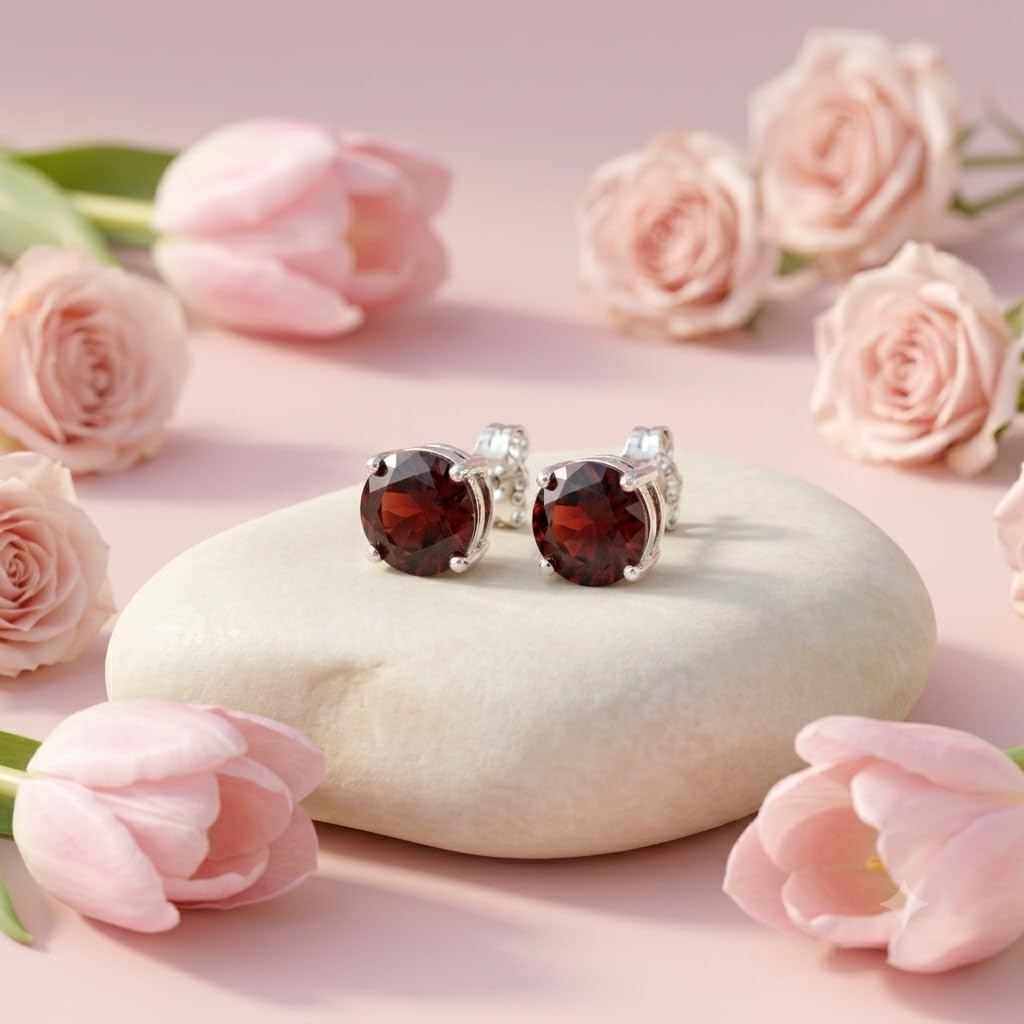 Red Round Solitaire Stud Earrings, additional product view 3