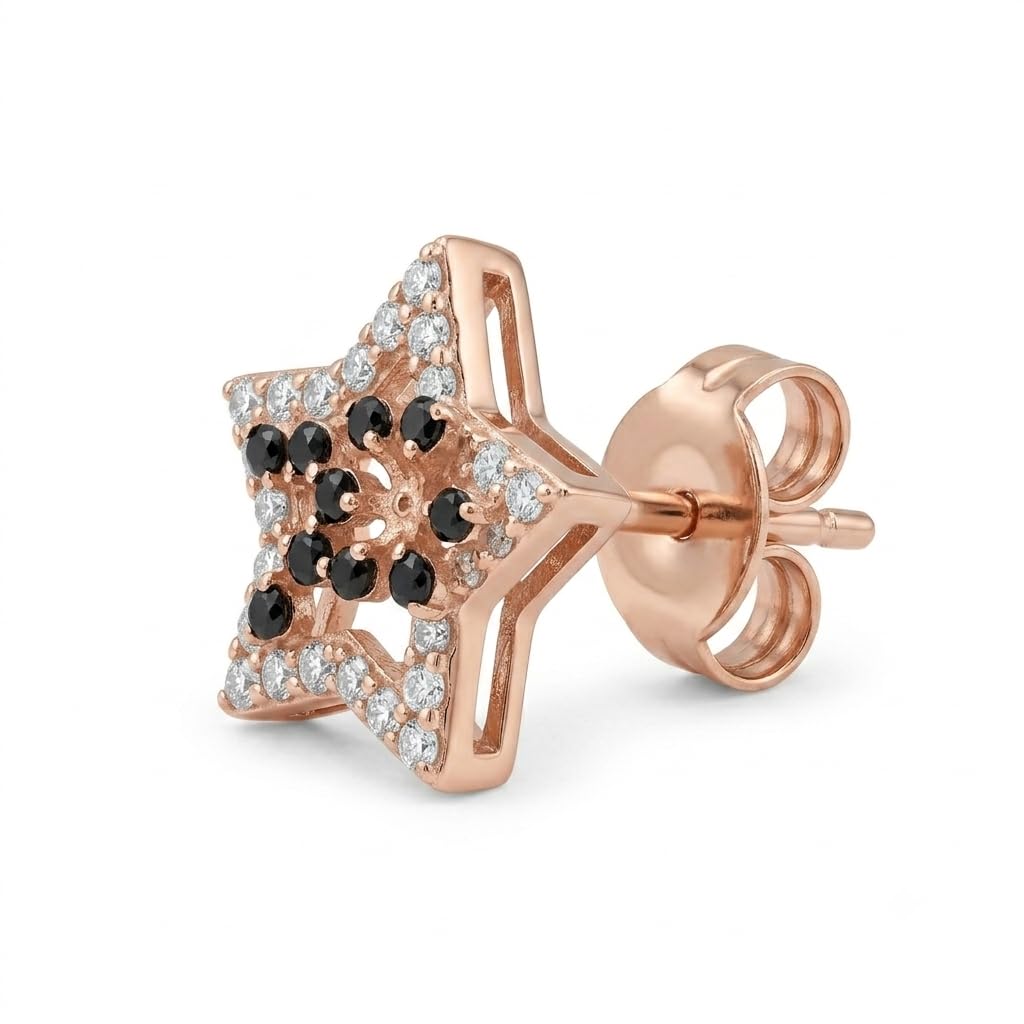 Rose-Gold-Tone Star Stud Earrings with Dark Accents, close-up detail