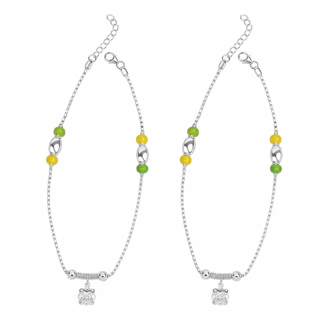 Silvme 925 sterling silver green & yellow bead CZ charm anklet with green and yellow beads with a CZ charm, white background full view
