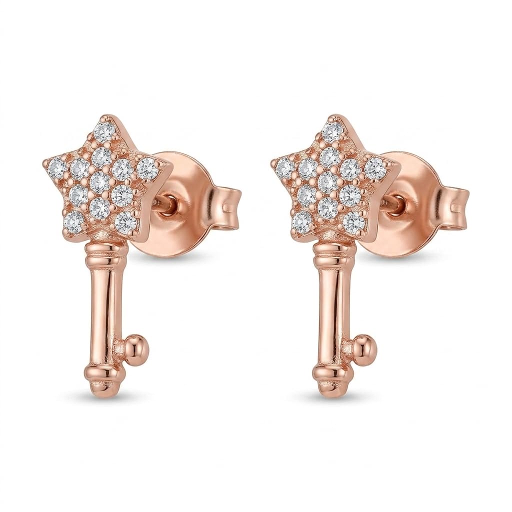 Star Key 925 silver stud earrings for women, gift for best friend, shown as a matching pair