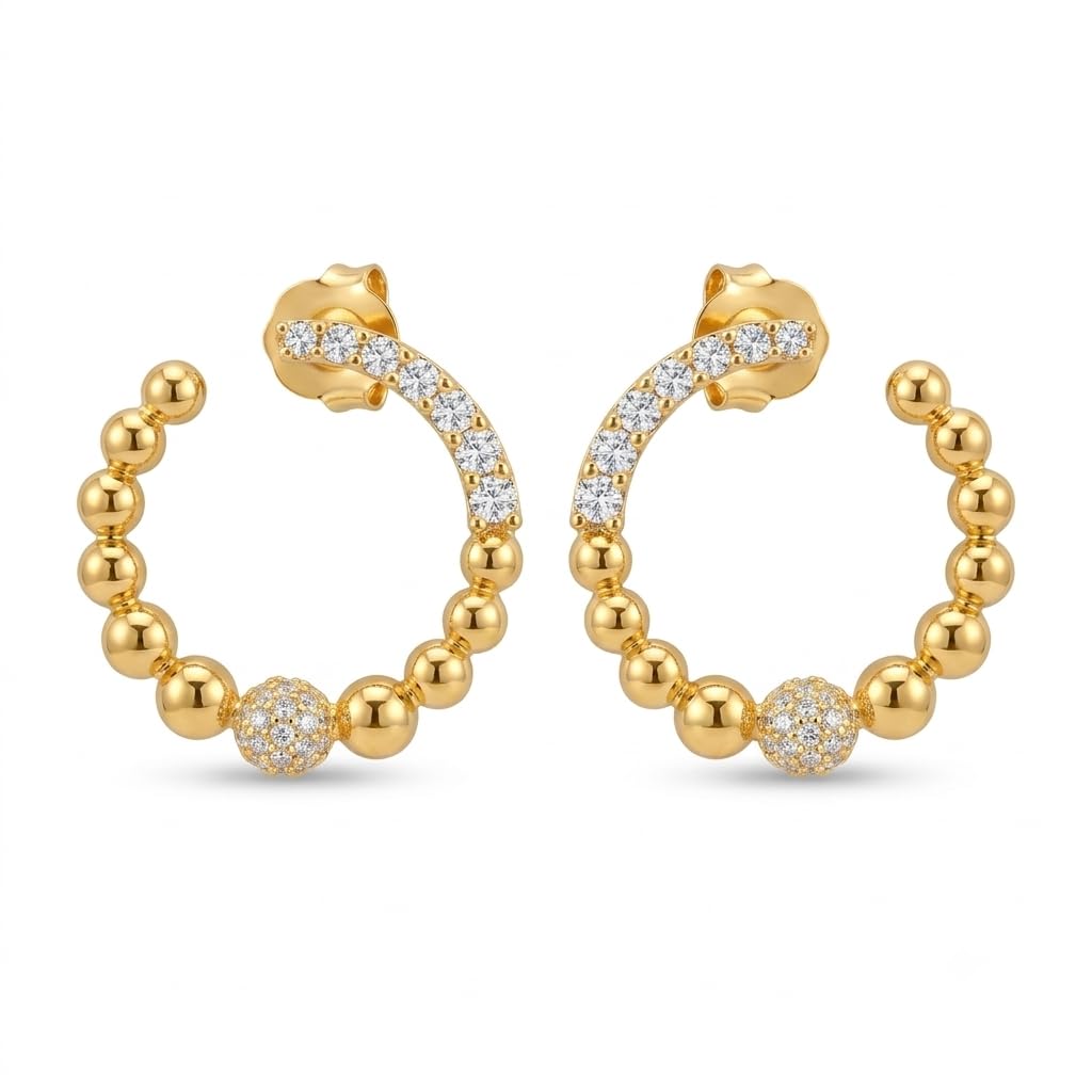 Gold-Tone Beaded Hoop Stone-Set Ball Earrings, front product view