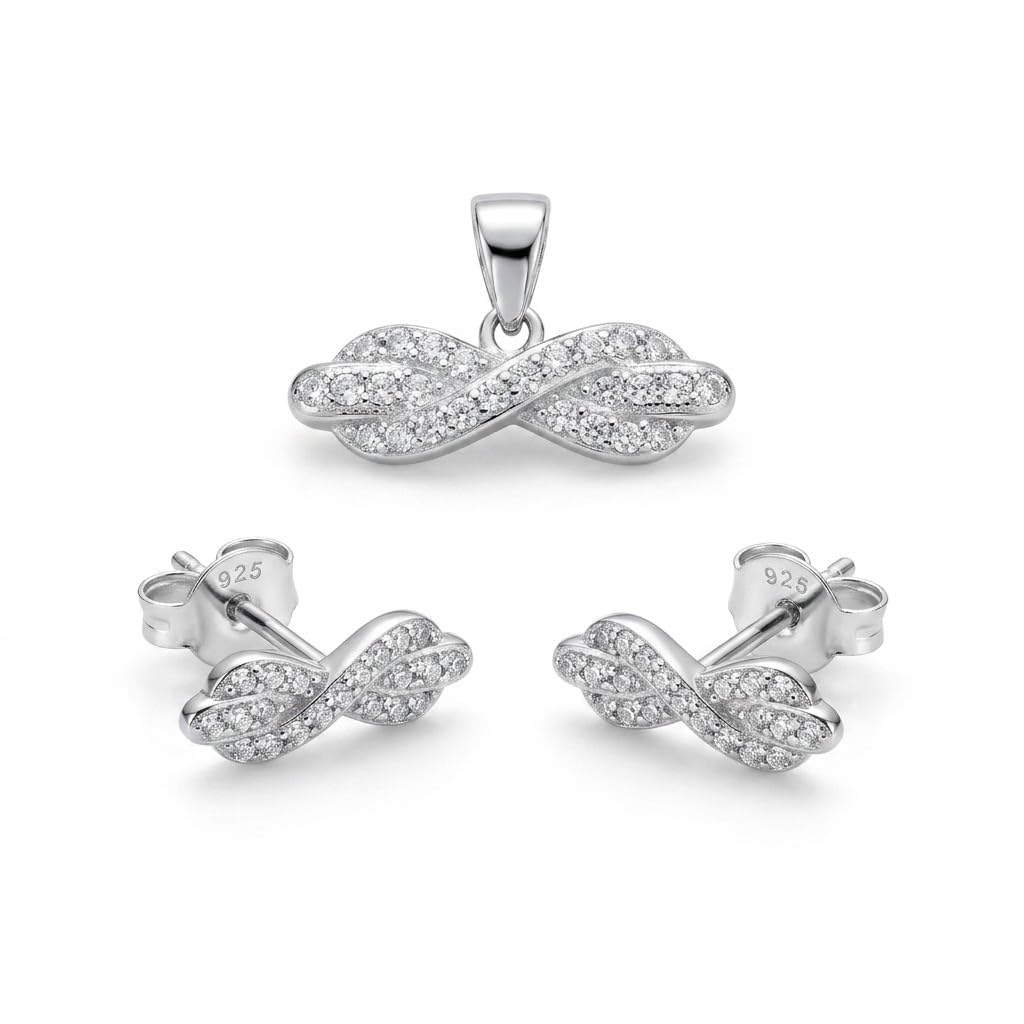 Silvme pure 925 sterling silver twisted infinity pendant and stud earrings set with cubic zirconia, front view on white background