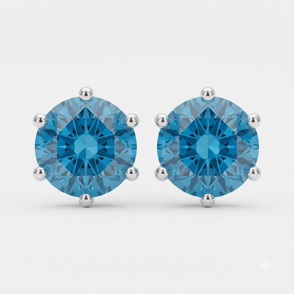 Blue Solitaire 925 silver stud earrings for women, gift for wife, shown as a matching pair