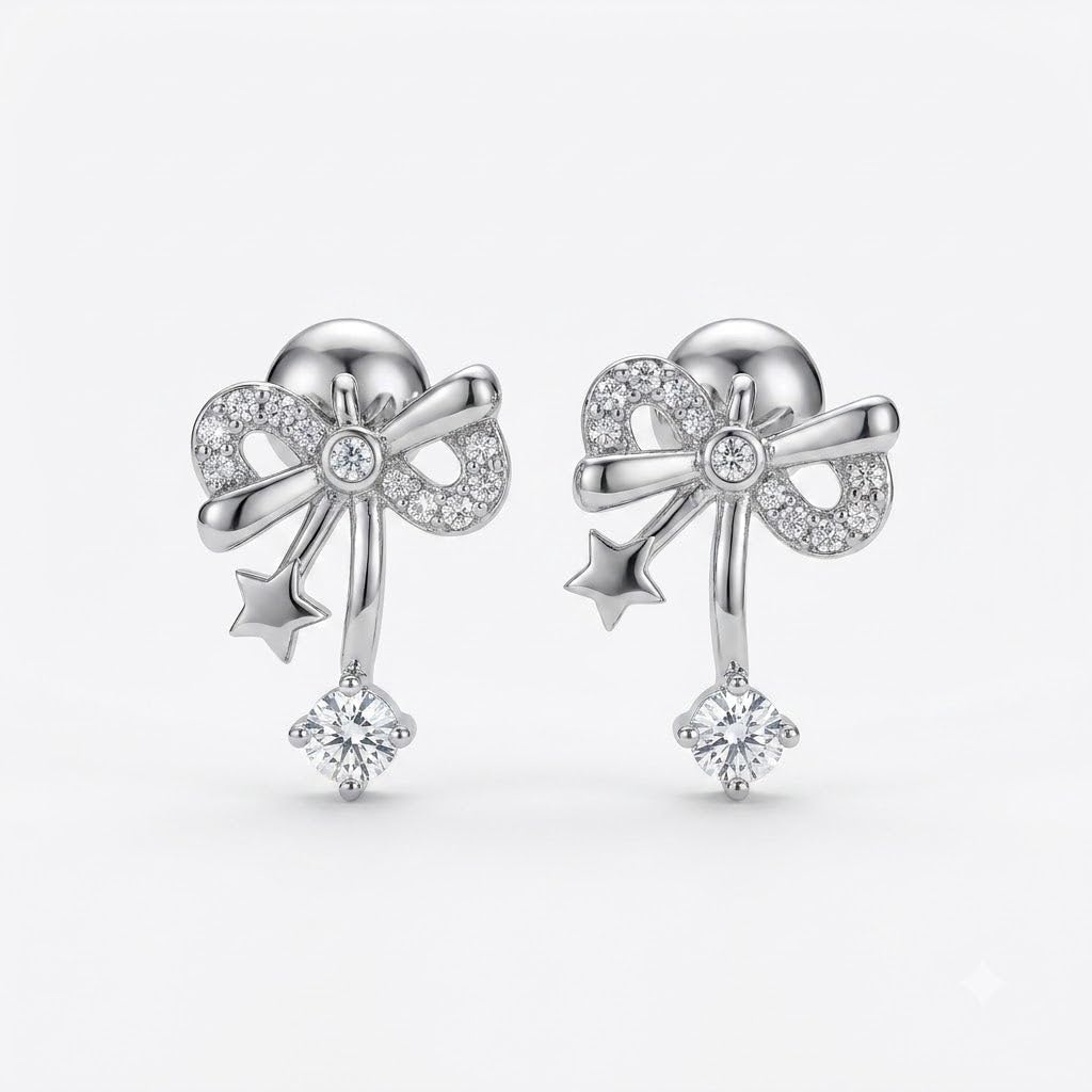 Bow & Star 925 silver stud earrings for women, gift for daughter, shown as a matching pair