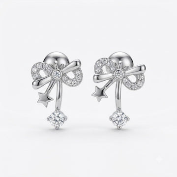 Bow & Star 925 silver stud earrings for women, gift for daughter, shown as a matching pair