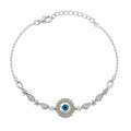 Silvme 925 sterling silver CZ evil eye floral anklet with a CZ evil-eye sunburst with marquise accents, white background full view