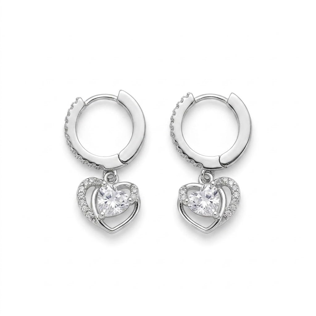 Silvme 925 Sterling Silver Heart CZ Drop Earrings for women - white-background product photo of silver drop earrings