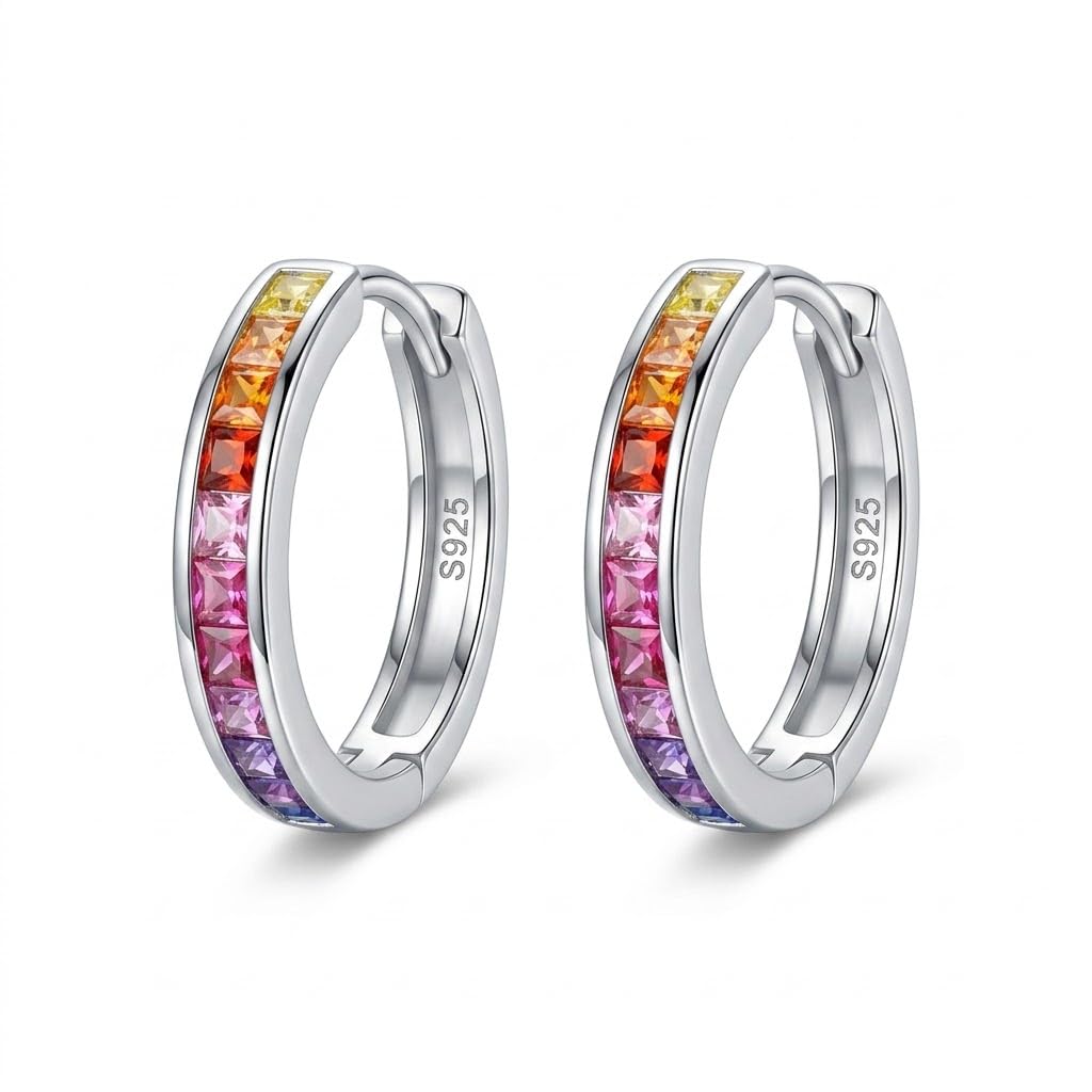Silvme 925 Sterling Silver Rainbow CZ Hoop Earrings for women - white-background product photo of silver bali hoop earrings