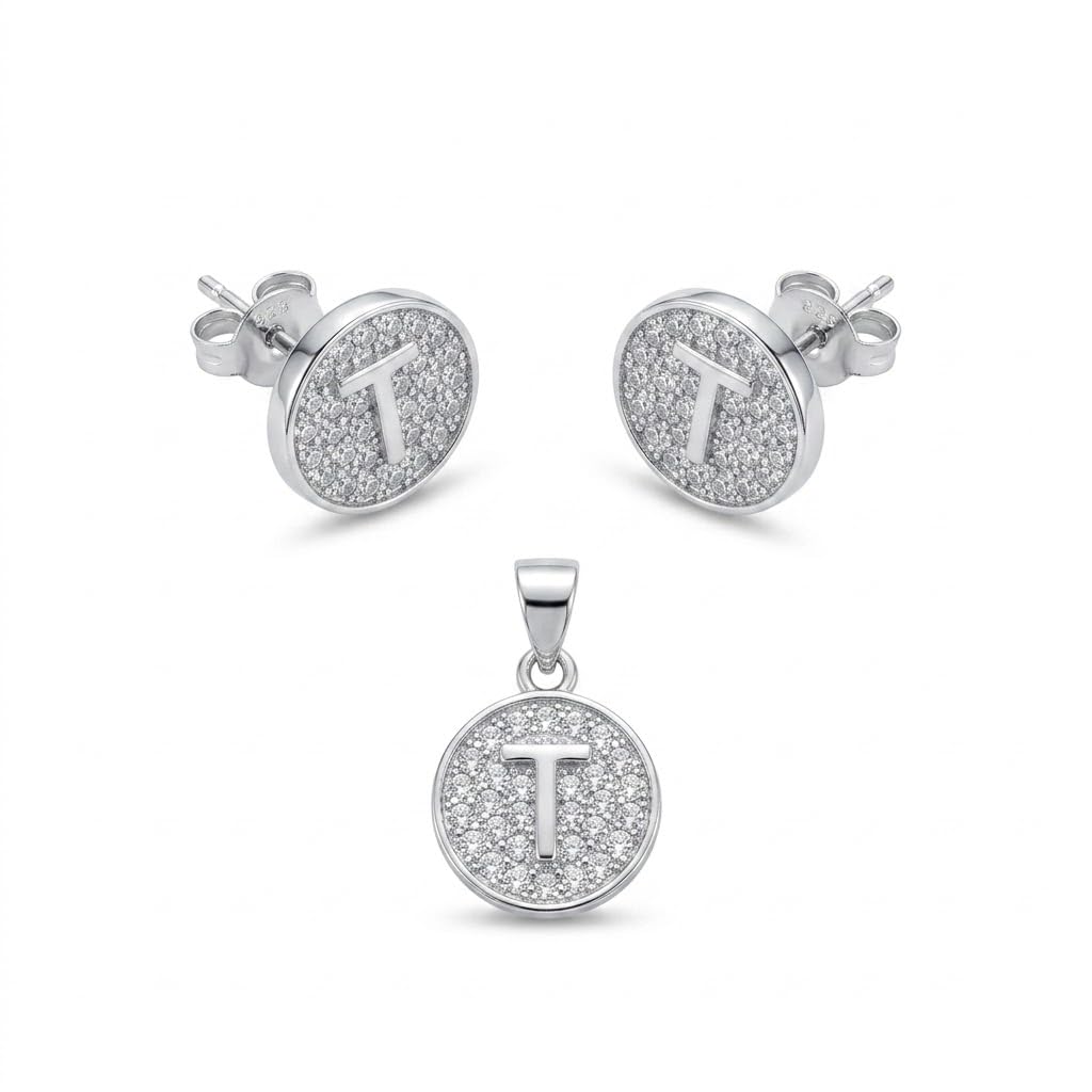 Silvme 925 silver initial t pendant necklace and stud earrings with cubic zirconia, close-up detail